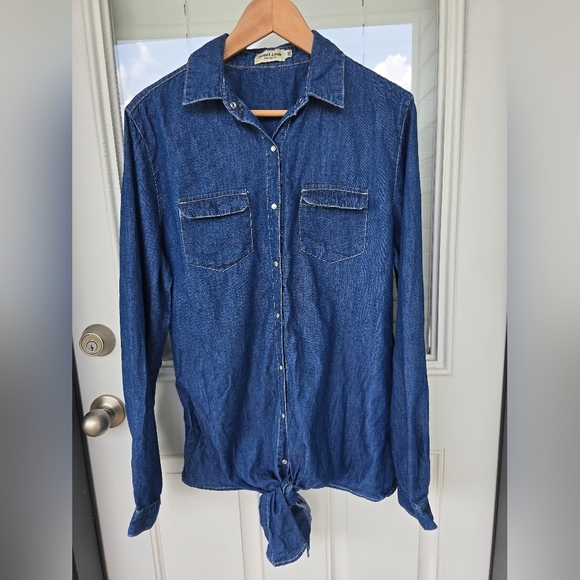 New Look Chambray Shirt 3X Plus Blue Long Sleeve Snap Buttons Tie Front Classic - Picture 2 of 13